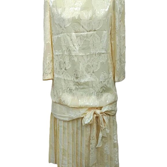 Vintage 80s Does 20s Yellow Drop Waist Dress Silky Bow Size 9/10 - Picture 2 of 11